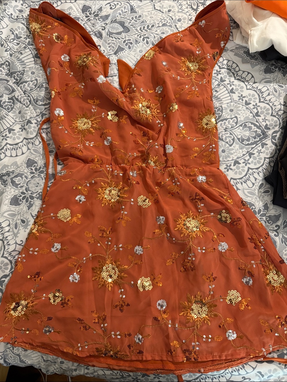 SHEIN Rust Orange Floral Sequin Mini Dress